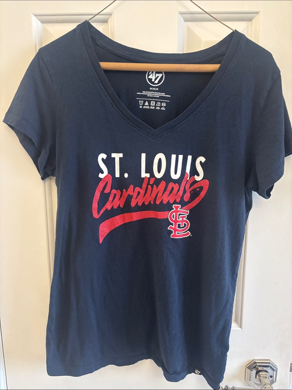47 St. Louis Cardinals Women's Navy V-Neck Tee with Red Glitter Script